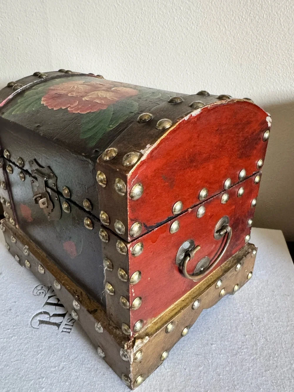 Vintage Floral Painted Wood Trinket Chest Box